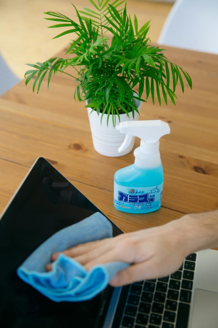 Close-up of a person cleaning a laptop screen with a blue cloth and spray cleaner, next to a houseplant.